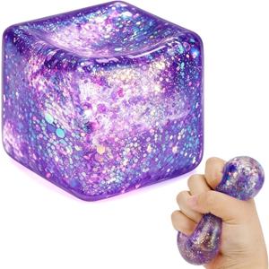 2 x Glitter Ice Cube Squishy Fidget Toys, Squishy Cube Stress Balls for Adults & Kids, Slow Rising Stress Relief Toys, Squeeze Ball Filled with Thick Substance and Glitter (Purple)