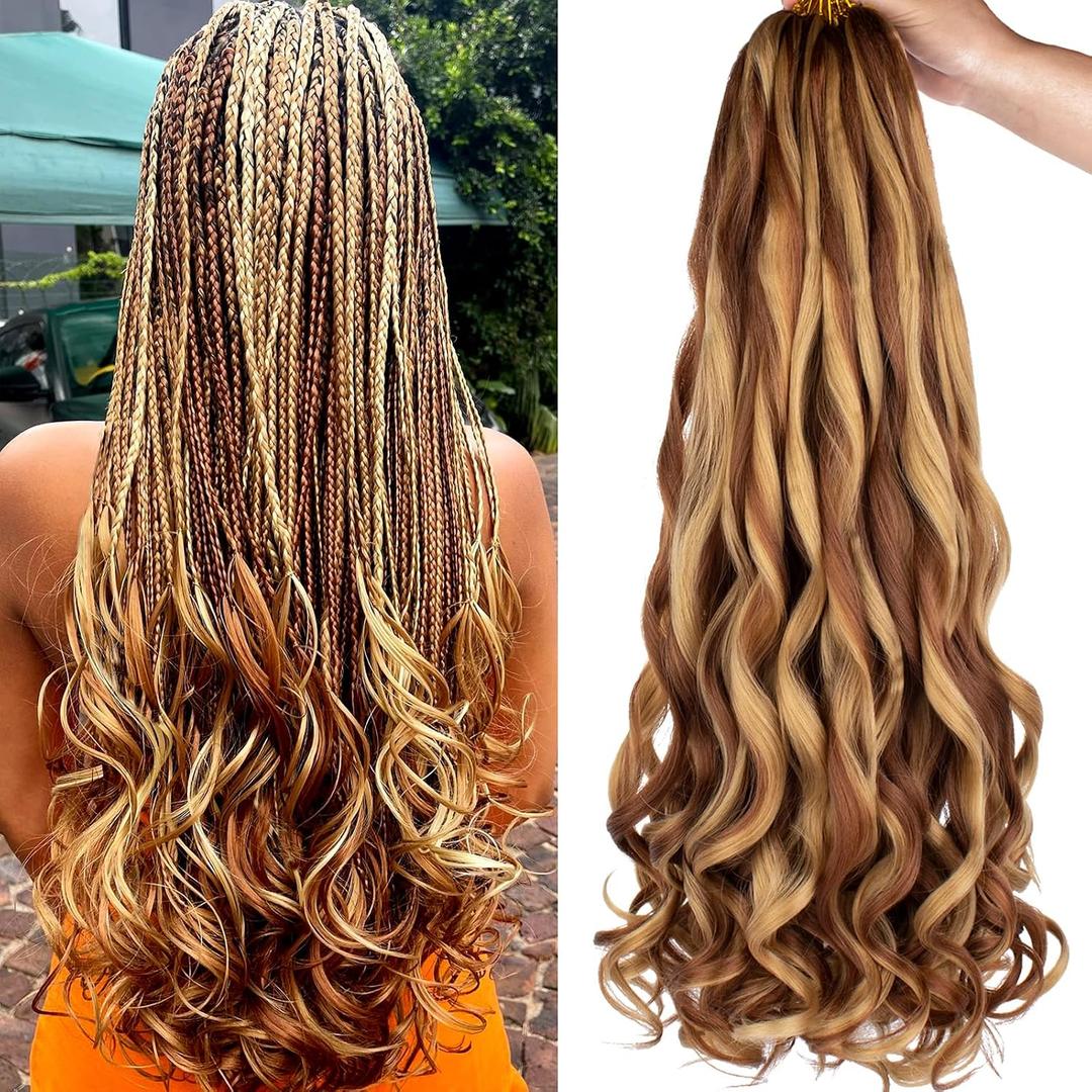 COOKOO 9 Packs Pre Stretched French Curls Bouncy Braiding Hair 22 Inch Mix Blond and Brown Spiral Curls Braid Hair Spanish Curly Hair Loose Wavy Synthetic Hair Extensions for Black Women 27M30#