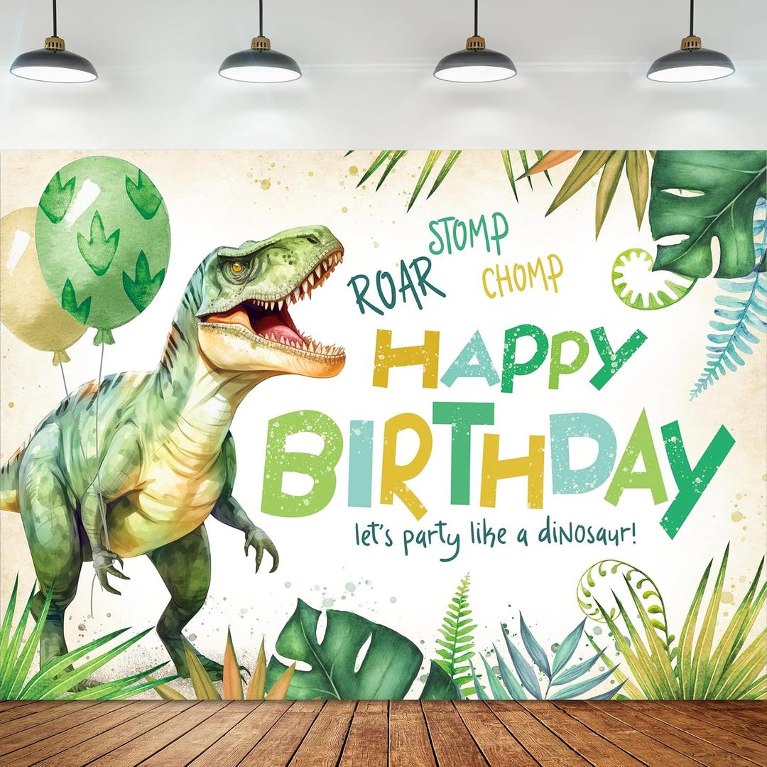 Omifly Dinosaur Happy Birthday 7Wx5H Backdrop for Photography Kids Boys Cartoon Dino Animal Green Jungle Tropical Palm Background Party Decorations Cake Table Banner Decor Photo Booth Studio Props
