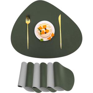 PU Faux Leather Thick Wipeable Waterproof Placemats Set of 4, Washable Oil-Proof, Wrinkle Free Kitchen Dining Table Mats, Deep Green/Grey