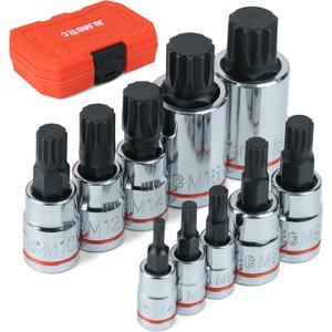 XZN Triple Square Spline Bit Socket Set, 10 Piece, Metric sized, M4 - M18 Set, Premium chrome vanadium Alloy Steel, with Molded Case