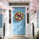 Pinkpuii Spring Wreaths for Front Door Outside 24 Inch Spring Summer Wreath with Vibrant Pink Peony,Tulip & White Rose Flowers and Hello Wooden Sign,Ideal for Farnhouse Porch,Wall,Window Dcor