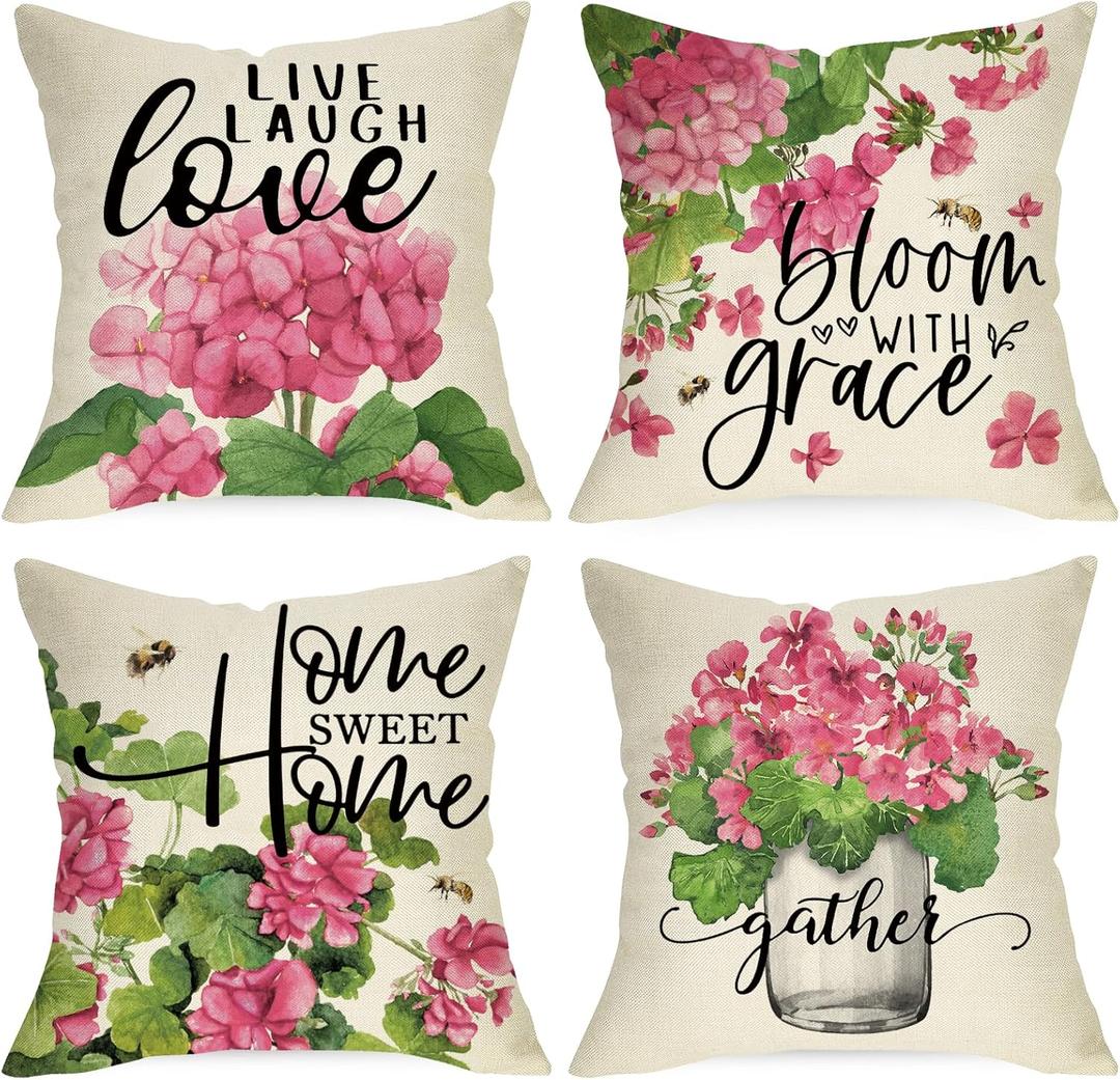 Pink Geranium Flower Decorative Throw Pillow Covers 18x18 Set of 4, Sweet Home Floral Mason Jar Spring Summer Cushion Case Decor, Bloom with Grace Live Laugh Love Home Decoration for Sofa Couch