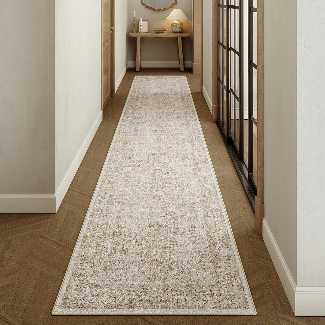 Light Brown Runner Rug 2'x10' Hallway Machine Washable Kitchen Vintage Distressed Non Slip Long Carpet Indoor Retro Floral Bedroom Accent Throw Rug for Bathroom Office Laundry Dining Room