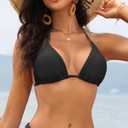 Tempt Me Women Triangle Bikini Top String Halter Bathing Suits Top Only No Bottom (Black, M)