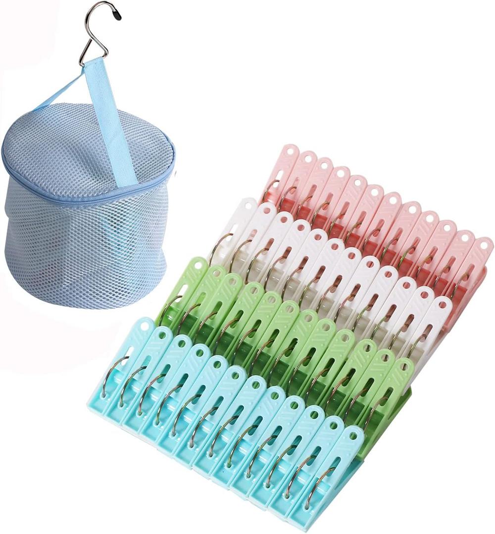 48 Pack Plastic Clothes Pins Heavy Duty Outdoor for Hanging Clothes, Colored Clothespins Clips with Springs Clothes Drying Line Pegs with Mesh Clothes pin BagCrafts Picture Clips Food Package Clips