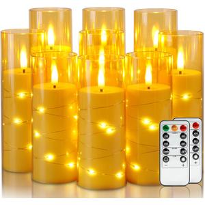 Homemory Flameless Candles with Embedded Star String Fairy Lights, Battery Operated Candles with Remote Control and Timer, Flickering LED Candle for Fall Pumpkin Decorations, Amber Gold, Set of 9