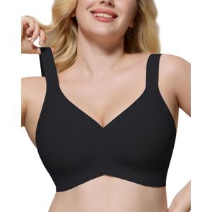 HORISUN Seamless Bras Full Coverage Wireless Push Up Bra for Women No Underwire Comfort V Neck Bralettes with Support (Small, Black Color)