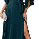 Womens Maxi Dress Formal Wedding Guest Ruffle Half Sleeve Wrap V Neck Slit Cocktail Party Dresses with Belt (X-Large, Lake Blue)