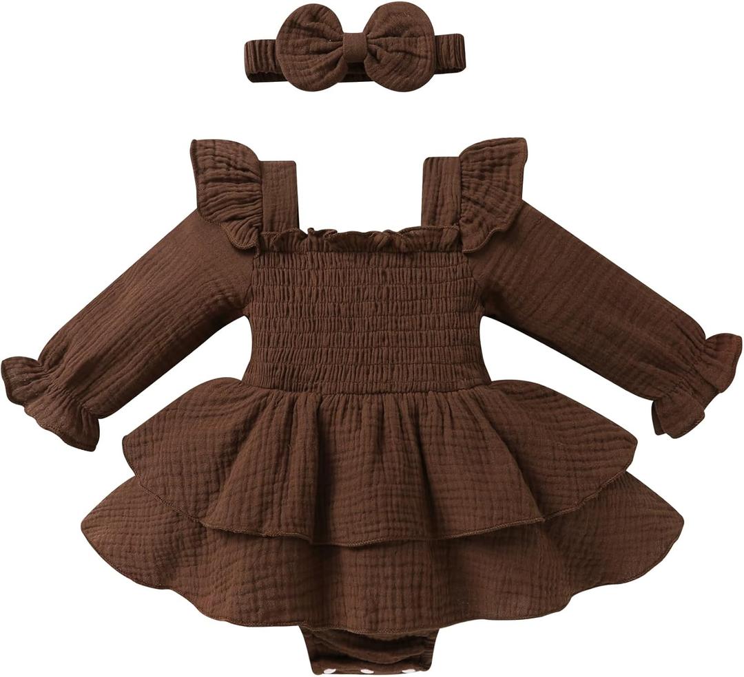YOUNGER TREE Baby Girl Fall Clothes Infant Long Sleeve Ruffle Romper Dress with Headband Cute Toddler Winter Outfits (18-24 Months, Brown)