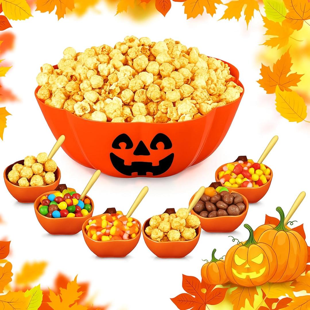 FoldTier 13 Pcs Halloween Candy Bowls Include 6 Ceramic Pumpkins Ramekins 1 Plastic Trick or Treat Bowls 6 Dessert Spoons Pumpkins Dishes Popcorn Serving Bowl for Halloween Party Supplies Popcorn Bar