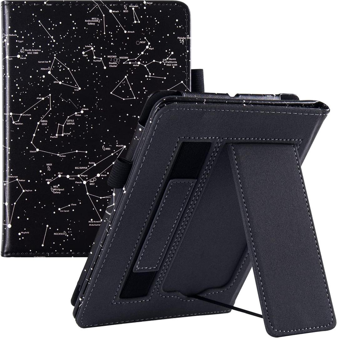 BOZHUORUI Stand Case for 6.8" Kindle Paperwhite 11th Generation - 2021 & Paperwhite Signature Edition e-Reader - PU Leather Sleeve Cover with Hand Strap/Auto Wake/Sleep, Constellation