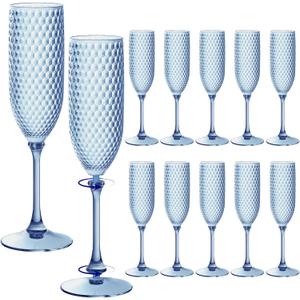 Blue Plastic Champagne Flutes 12 Pcs, 5.5oz Unbreakable Detachable Champagne Glasses, Reusable BPA-free Stemware Cups for Wedding Toasting, Parties, Mimosa Bar