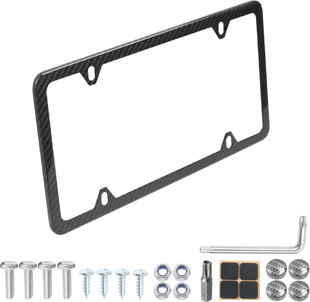 Real Carbon Fiber License Plate Frame Kit, Carbon Fiber License Plate Holder with Complete Accessories (Slim Edge & 4 Holes)