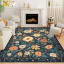 DUKINO 8x10 Area Rug, Floral Rugs for Living Room, Lightweight Non Slip Washable Rug, Indoor Low Pile & Non-Shedding Boho Design Rugs for Bedroom, Living Room, Dining Room, Dark Blue