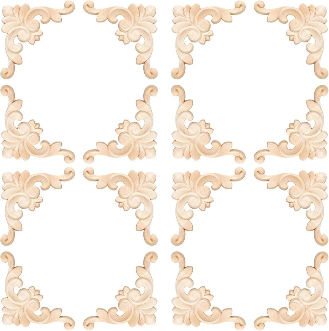 20 Pcs Wood Applique Corner Onlay Decorative Wood Applique DIY Wooden Carved Corner Unpainted Wooden Carved Decals Carving Decal for Furniture Wall Cupboard Bed Cabinet(Classic Style)