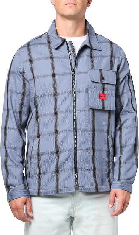 HUGO Men's Cotton Mix Canvas Zip Up Overshirt Button Down Shirt, Amalfi Blue Plaid HUGO Men's Cotton Mix Canvas Zip Up Overshirt Button Down Shirt, Amalfi Blue Plaid