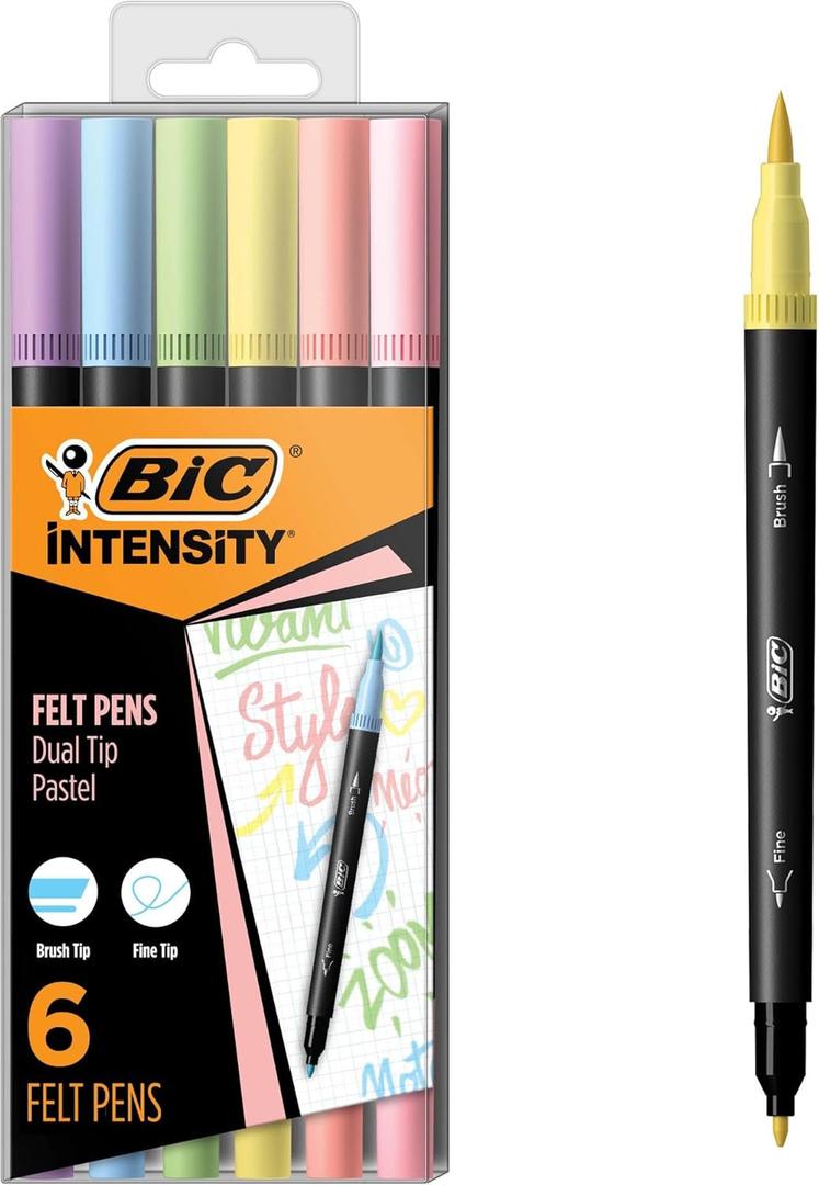 BIC Intensity 2 in 1 Dual Tip Fineliner Pens, Fine Tip (0.7mm) and Flexible Brush (3.7mm), Assorted Pastel Colors, 6-Count Pack