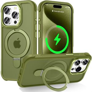 Designed for iPhone 15 Pro Max Case with Magnetic Stand, [Military Drop Protection][Great Grip Feeling] Matte Translucent Back Slim Shockproof Phone Cover for iPhone 15 Pro Max 6.7", Olive