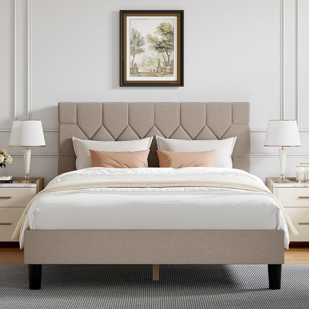 Novilla Full Size Bed Frame, Full Bed Frame with Wood Slats Support, Linen Upholstered Pull-Point Headboard, No Box Spring Needed, Heavy Duty Feet, Easy Assembly, Beige