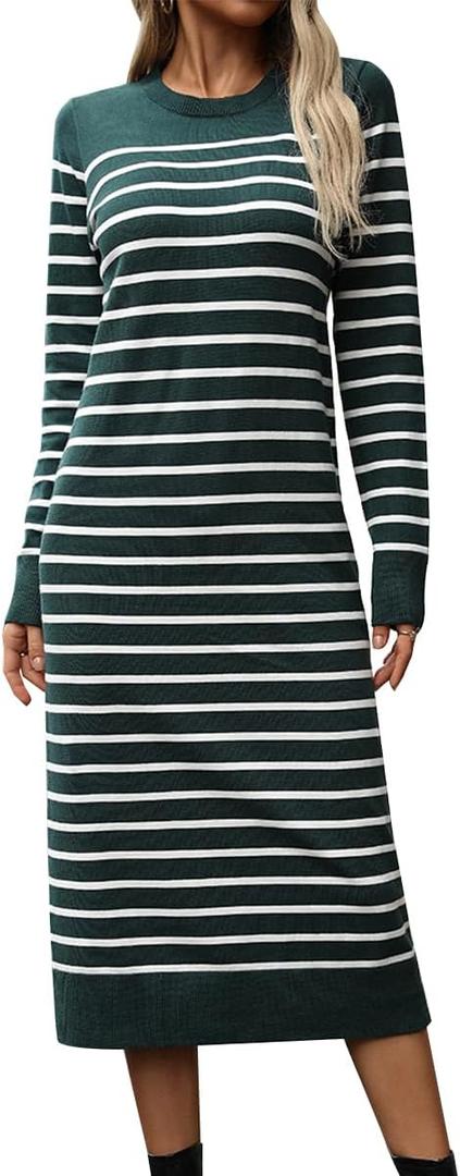 Womens Striped Sweater Dress Fall Knit Crewneck Long Sleeve Baggy Casual Long Dress Loose Autumn Winter Midi Dresses (M)