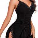 Girece Nightgowns for Women Sexy Ruched Chemise Lingerie Side Slits Lace Trim Sleep Dress for Date Night or Sleeping (Black, M)