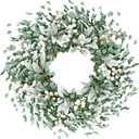 Sggvecsy Artificial Greenery Leaves Wreath for Front Door 22 Inch Greenery Boxwood Wreath with Flocked Lambs Ear White Berries for Spring Summer Farmhouse Wall Home Indoor Outdoor Decor