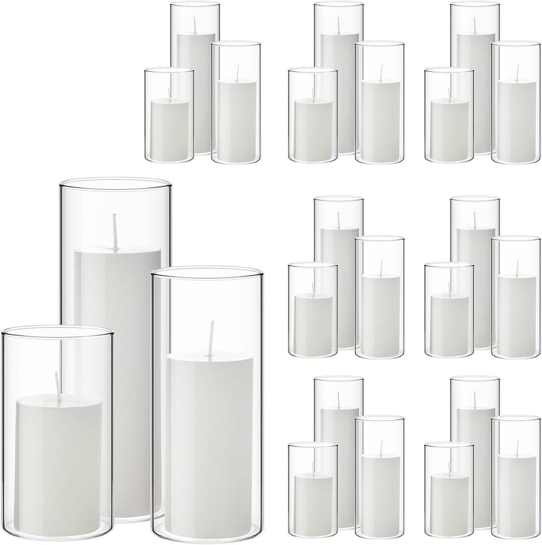 Shihanee 48 Pcs Pillar Candles and Glass Cylinder Vases Clear Cylinder Holders for Slim Pillar Candles Table Decoration (White)