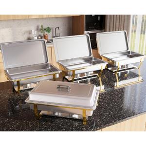 Alpha Living 4 Pack 8QT Chafing Dish Full Set Stainless Steel Catering Chafer with Lids, Pans & Fuel Holders Buffet Food Warmers for Parties, Events & Weddings Gold Frame