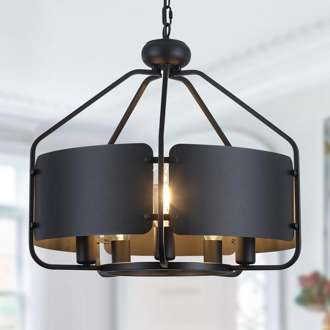 21'' Black Farmhouse Chandeliers for Dining Room, Vintage Industrial Large Drum Chandelier, Rustic Round Coastal Pendant Light Fixtures Adjustable Hanging for Kitchen Island Foyer Hallway - 5 Light