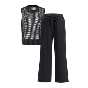 Women Two Piece Outfits Crochet Sheer Knit Sweater Sleeveless Top Wide Leg Pants Lounge Matching Sets Travel Sweatsuit, S