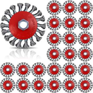 Tandefio 24 Pcs Wire Wheel Brush Wire Wheels with 5/8"-11 Threaded Arbor for 4 1/2 Angle Grinder Knotted Wire Cup Brush for Heavy Cleaning Rust Removal(Red,4 Inch)