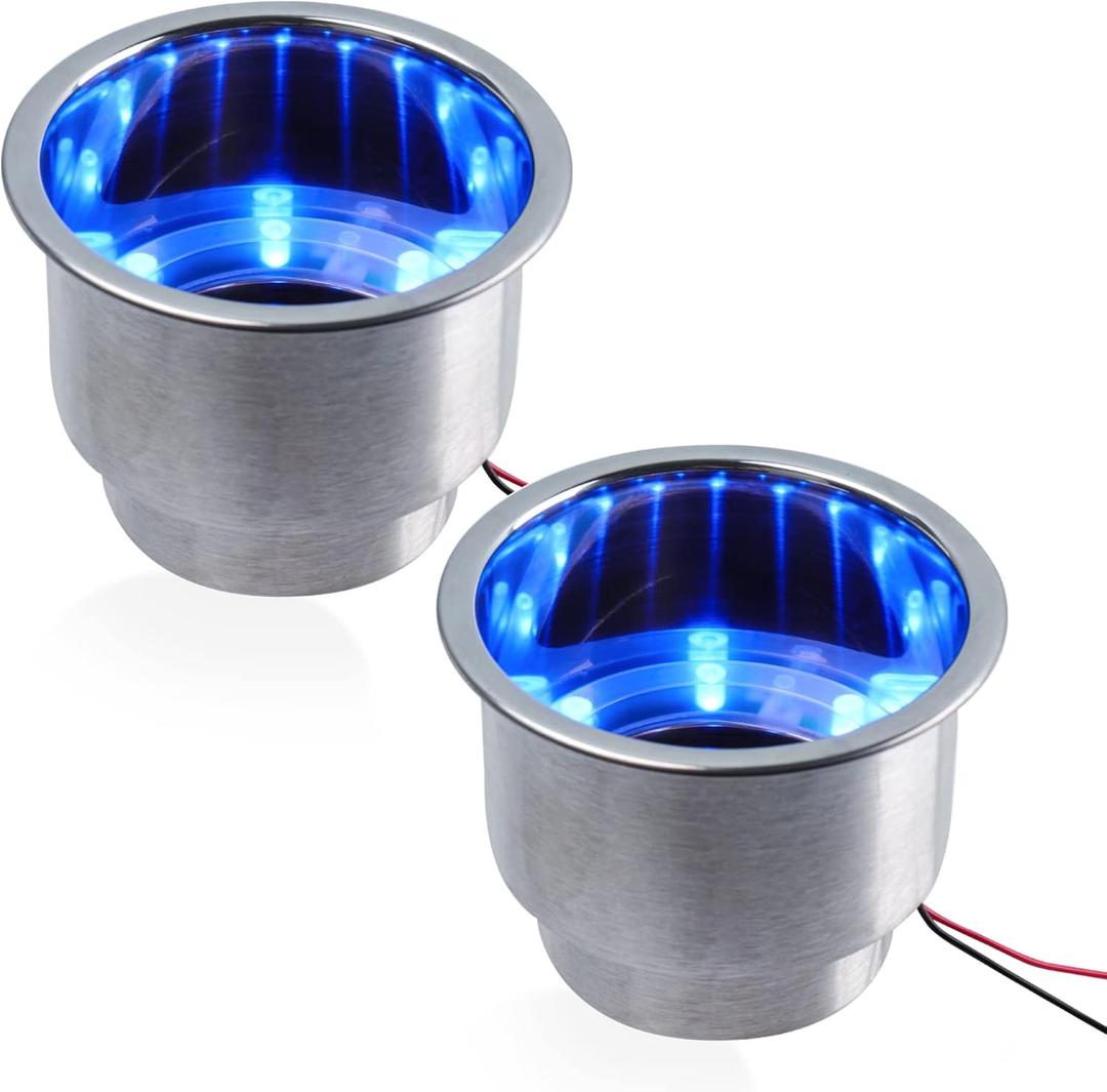 2PCS Boat Cup Holder, Stainless Steel Boat Cup Holder Insert, Blue Led Cup Holder Lights for Boat with Drain, 12V Waterproof Polished Drink Holder, Yeti Cup Holder for Marine, Boat, RV, Camper