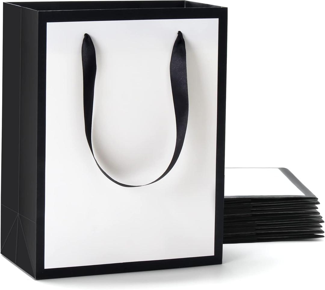 YACEYACE White and Black Gift Bags - 10Pcs Medium Size 8"x4.25"x10.5" Paper Bags With Ribbon Handles for Parties, Birthdays, Weddings