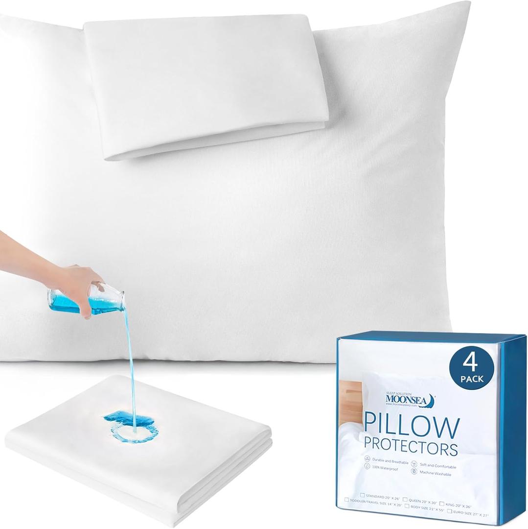 18"x18" Waterproof Pillow Covers Set of 4 for Square Throw Pillow 18x18 Inch, White Zippered Pillow Protector, Feather Proof Pillow Case Protector(Only Covers)