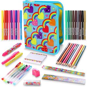 GirlZone 43-Piece Rainbow Filled Pencil Case with Supplies - Ages 7+ - Art Kit, Marker Binder & Stationery Set for Kids