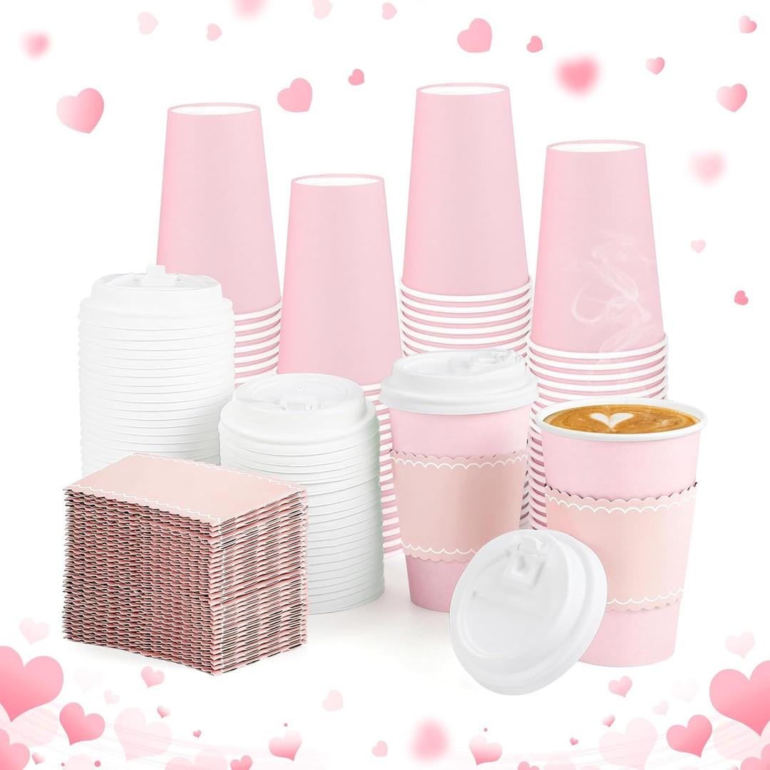 60 Pack Pink Coffee Cup with Lids Sleeves, 12 Oz Insulated To Go Paper Cups Pink Party Cups Disposable Paper Cups, Drinking Cup for New Year Anniversay Valentine's Wedding Birthday Baby Shower Party