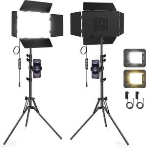 2 Pack LED Video Light Kit with Barndoor, 30W Photography Lighting with Tripod Stand, 3000Lux 2500K-8500K Studio Lights Panel Podcast Light for Video Recording, Game Live Streaming, Vlogging