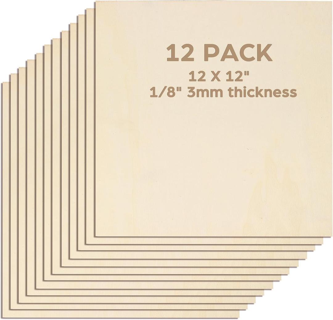 LotFancy Basswood Sheets for Craft, 12 Pack, 12 x 12 x 1/8 Inch, 3mm Thick Plywood Sheets, Unfinished Wood Boards for Laser Cutting & Engraving, DIY Architectural Models, Wood Burning and Stain