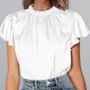 PRETTYGARDEN Business Casual Tops for Women Blouses Dressy 2026 Summer Short Sleeve Ruffle Satin Work Office Attire (White, L)