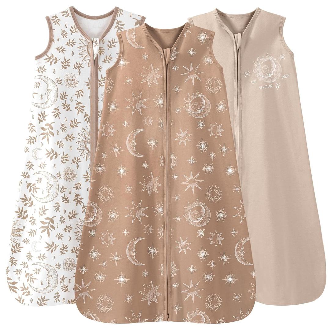 Baby Sleep Sack 0-6 Months 3 Pack 100% Cotton Lightweight 0.5 TOG Wearable Blanket Baby Sleep Bag with 2-Way Zipper for Newborn Infant Toddler Beige (Small)