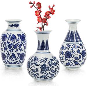 Yesland Small Blue and White Porcelain Vases Set of 3, 5 Inch Tall Mini Vintage Vase Chinoiserie Vases, Classic Decorative Bud Vases for Farmhouse Table Centerpiece, Flower Decor