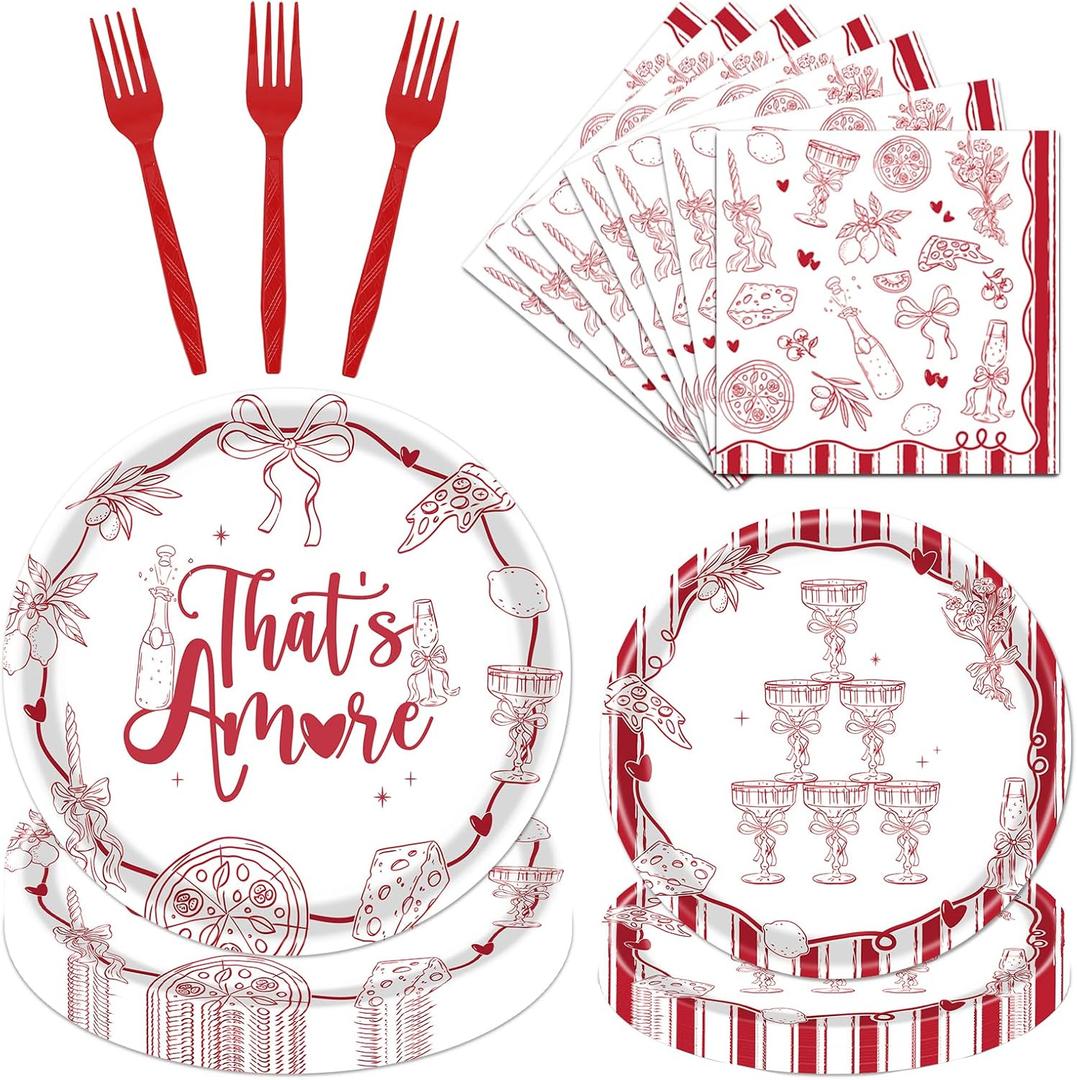 Thats Amore Party Decorations - 96 PCS Red Pizza and Wine Theme Disposable Plates Napkins and Forks Dinnerware, Wedding Engagement Party Tableware Supplies Serve 24
