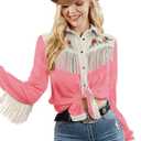 JOHN MOON Womens Fringe Western Long Sleeve Shirts Floral Embroidered Cowgirl Button Down Shacket Blouse Country Rodeo Outfit (X-Large, Pink)
