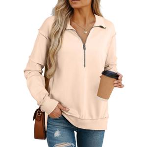 BLENCOT Womens Oversized Sweatshirt Half Zip Fleece Pullover Long Sleeve Fall Side Slit Tops (Beige, L)