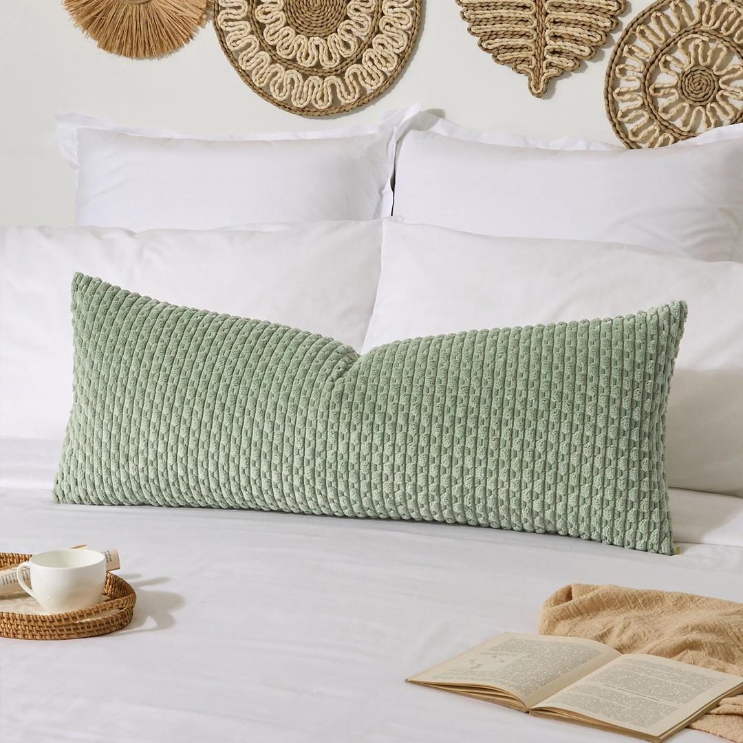 Kevin Textile Spring 14x36 Inch Long Lumbar 1 Pack Boho Decorative Throw Pillow Cover Soft Striped Corduroy Rectangle Cushion Case Farmhouse Solid Accent for Living Room Couch Sofa Bed, Sage Green