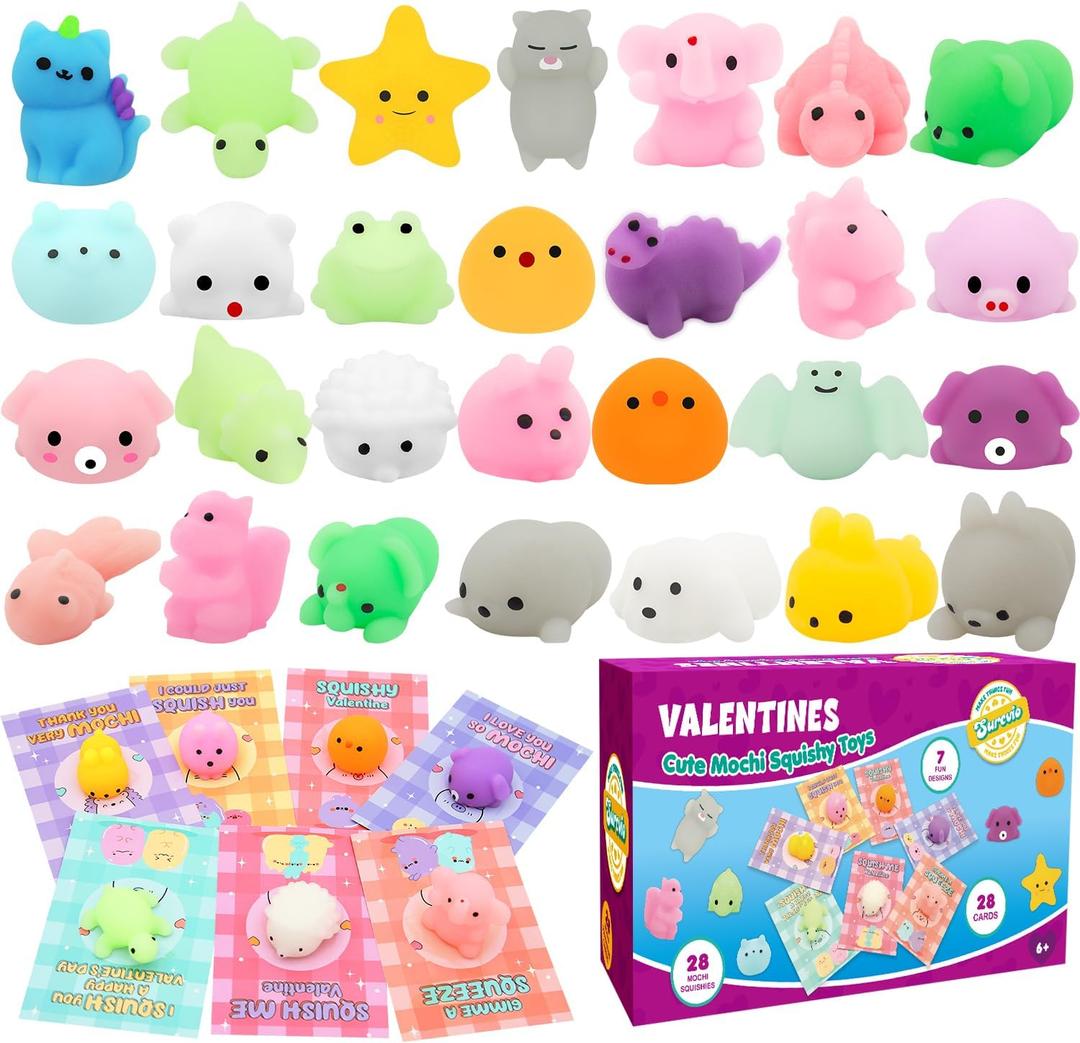 28 Pack Valentines Day Gift Cards for kids with Animal Squishy Toy, Valentine's Party Favor Kawaii Mochi Squishy Toys with Cards, Stress Relief Fidget Toy for Kids Classroom Exchange Prizes