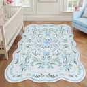 Blue Floral Rug 4x6 for Girls Bedroom or Nursery, Scalloped Washable Non-Slip Area Rug, Cute Soft Boho Carpet for Kids Room, Dorm, or Playroom