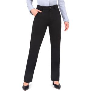 Bamans Dress Pants Women Work Business Pants Tummy Control Office Straight Leg Trousers High Waisted Ladies Slacks (Large, Black)
