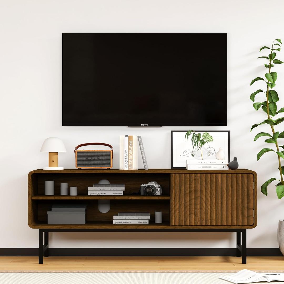 TV Stand, Mid Century Modern Entertainment Center with 2 Open Shelves Farmhouse TV Media Console Table for Living Room, Bedroom, Television Stand up to 50 Inches, Black Walnut